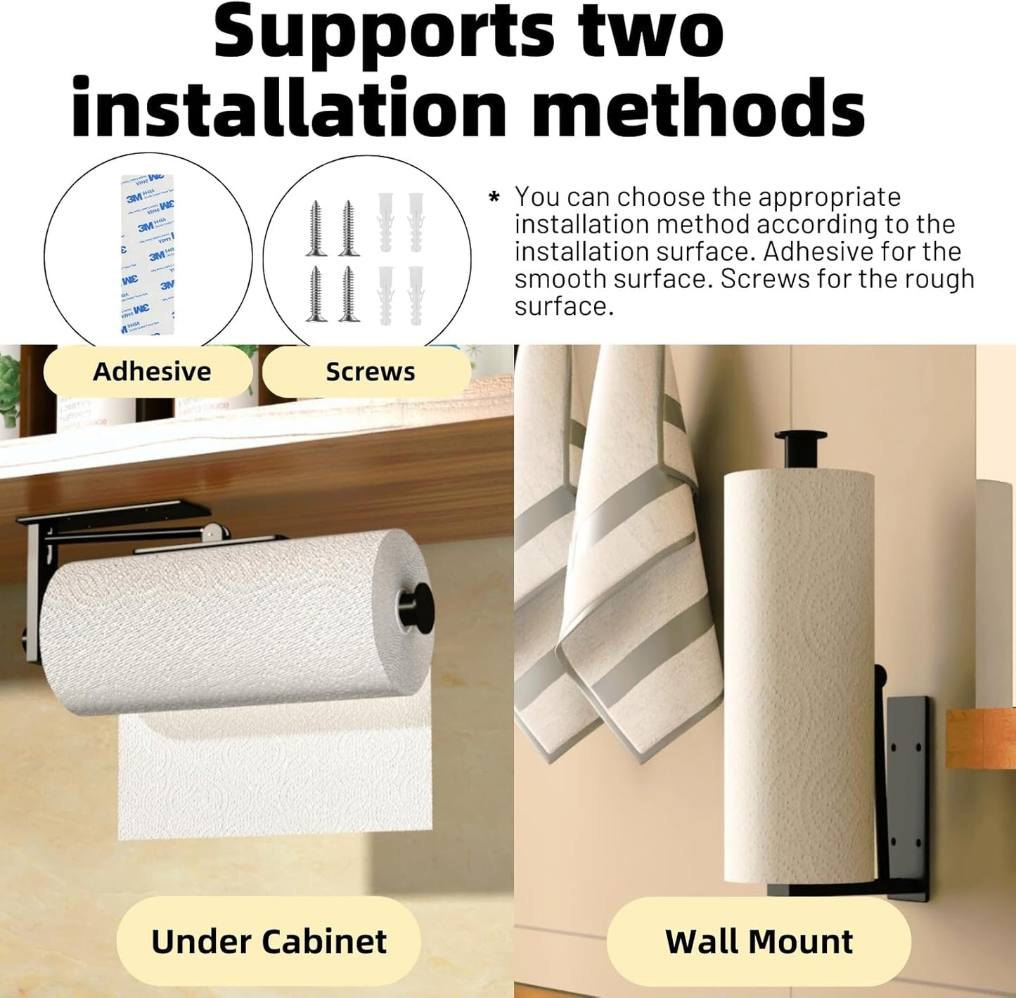 Upgraded Kitchen Paper Towel Holder - One-Hand Tear Under Cabinet Stick-on Towel Rack for Hanging Paper - First Apartment Essentials Wall Mount Self Adhesive Stainless Steel Rack Fits Black