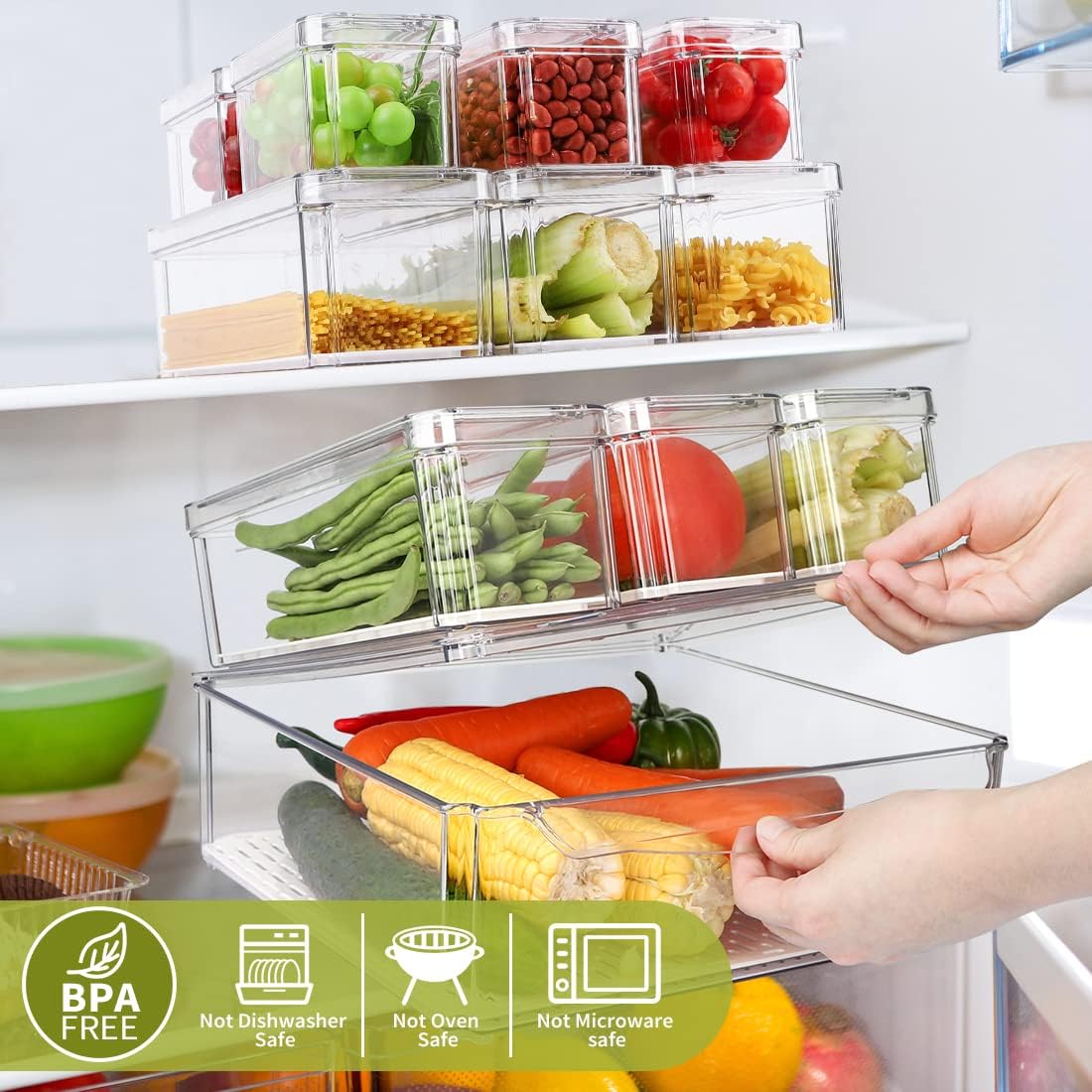 10 Pack Refrigerator Pantry Organizer Bins, Stackable Fridge Organizer Bins with Lids