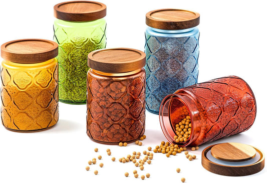 5 Pcs 23.7 oz, 33.8 oz Vintage Glass Jar with Lids Colored Glass Canisters Jars with Airtight Wooden Lids for Kitchen Counter Flour Sugar Cookie Coffee Tea Storage Containers