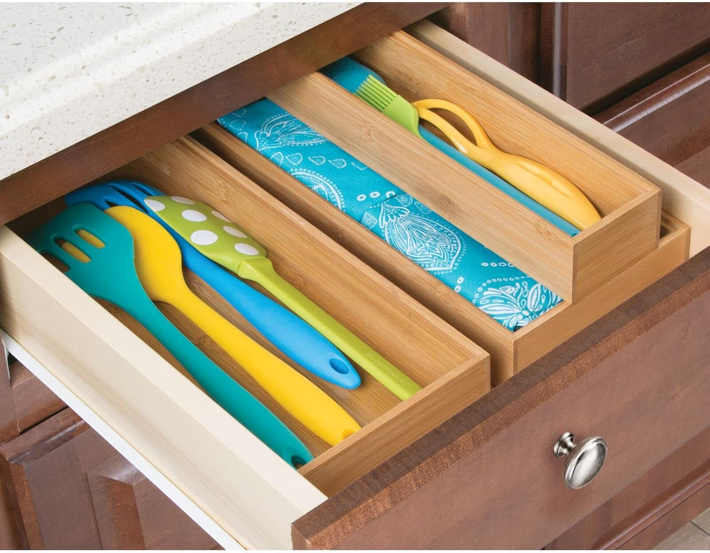 Wooden Bamboo Drawer Organizer - 12" Long Stackable Storage Box Tray for Kitchen Drawers/Cabinet