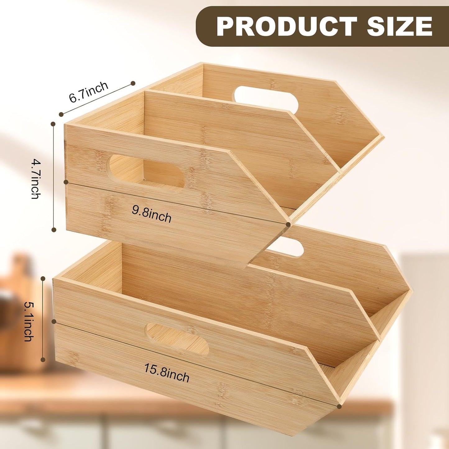 Bamboo Pantry Organizers and Storage Bins, 2 Set Stackable Baskets for Vegetables, Potatoes, Onion