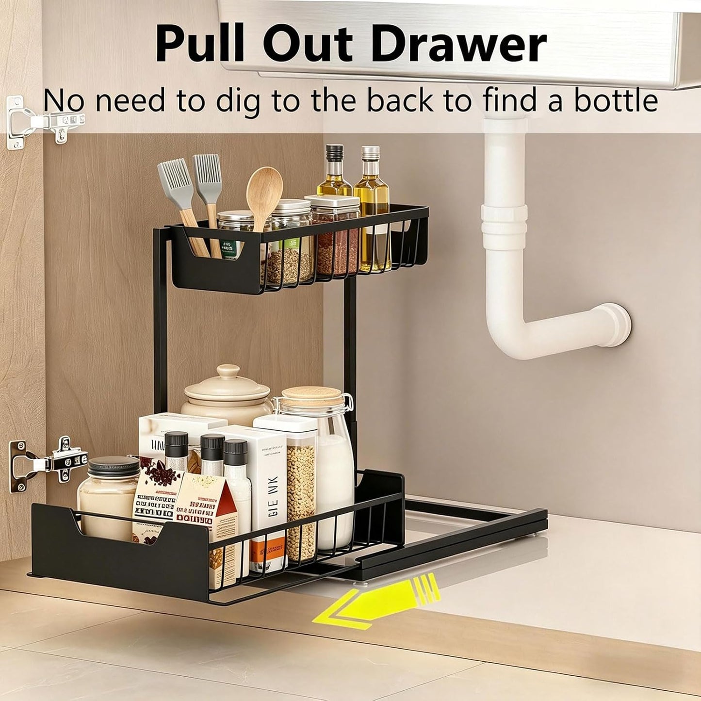 Under Kitchen Sink Organizers and Storage Pull Out 2 Tier Metal Bathroom Cabinet Organizer (Black