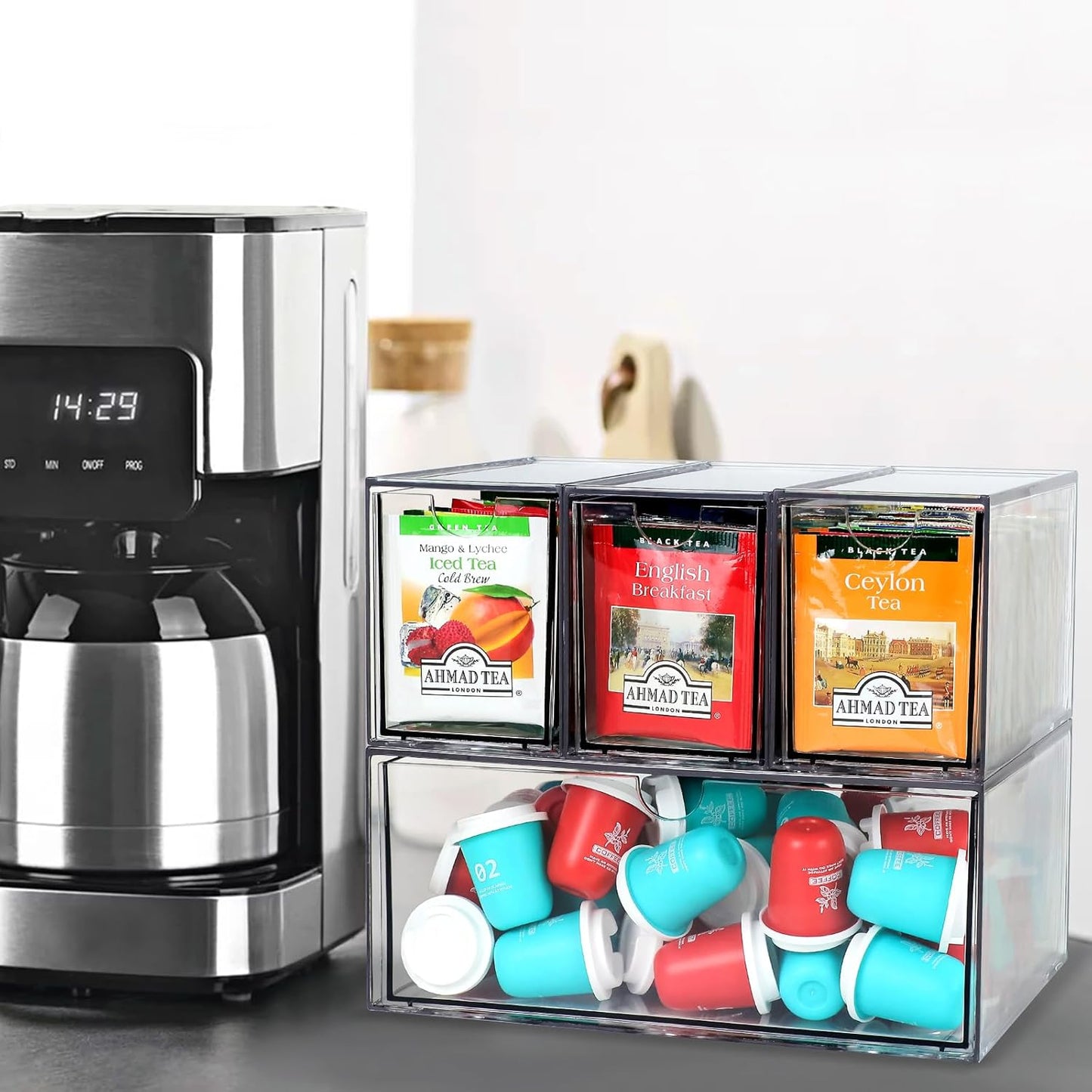 4 Tea and Coffee Organizer and Storage, Acrylic Tea Bag Holder Organizer