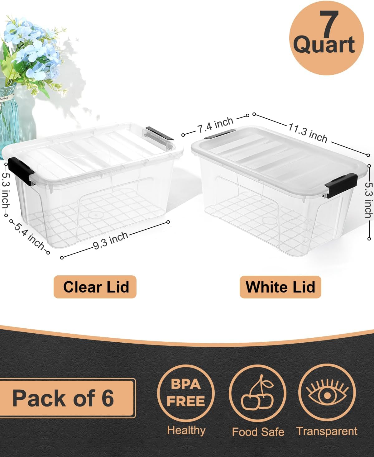 Plastic Storage Bins with Lids 6 Pack, 7 Quart Storage Containers With Black Buckle Latch