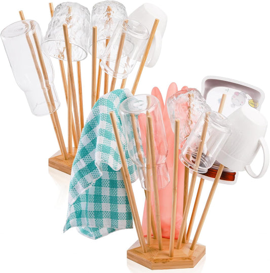 Set of 2 Plastic Bag and Bottle Drying Racks, Bamboo Dryer Rack Stand with 12 Sticks