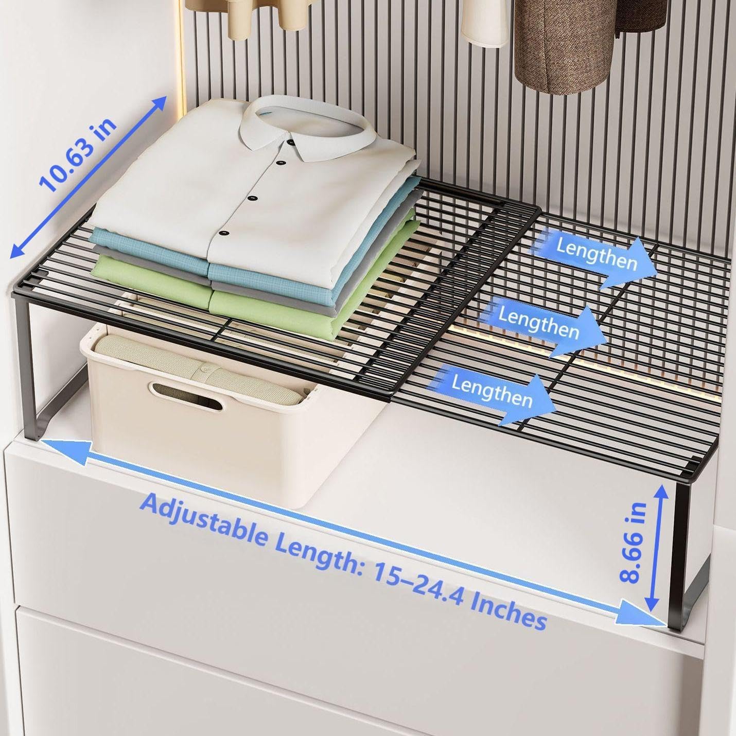 Extendable Metal Wire Shelf Organizer - Adjustable 15-24.4in Length