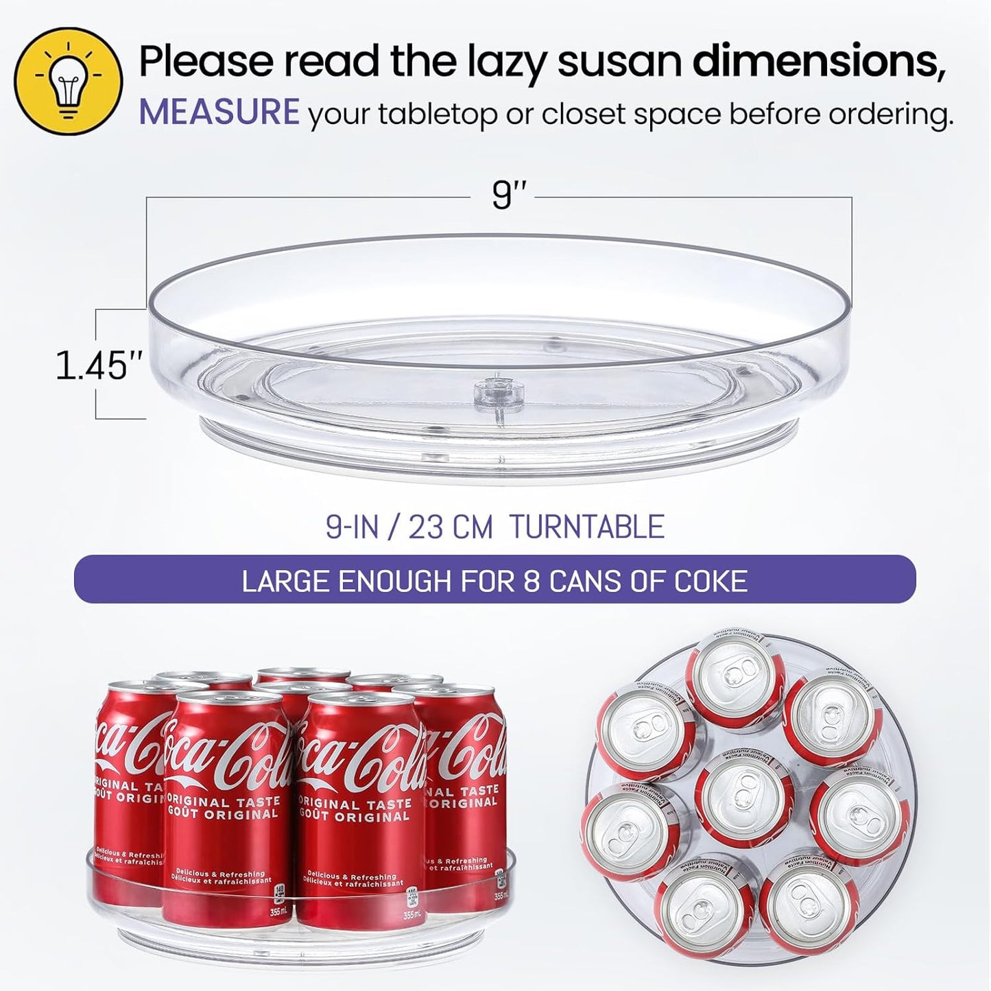 4 Pack 9 Inch Clear Acrylic Lazy Susan, Non-Skid Turntable Organizer for Cabinet, Kitchen