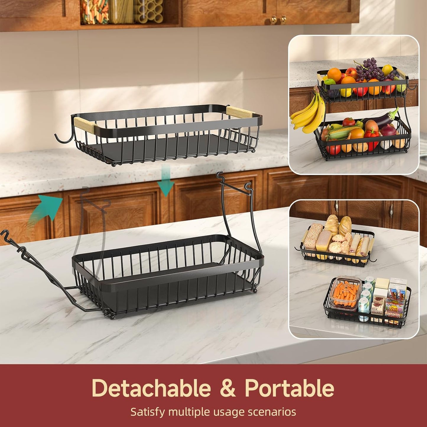 2 Tier Large Fruit Basket for Kitchen Counter with 2 Mobile Banana Hangers