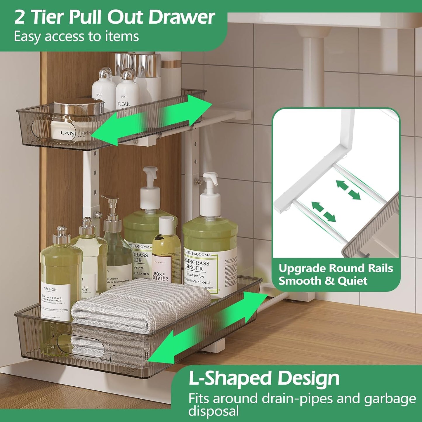 Under Sink Organizer 2 Packs, Pull Out Kitchen Sink Organizer