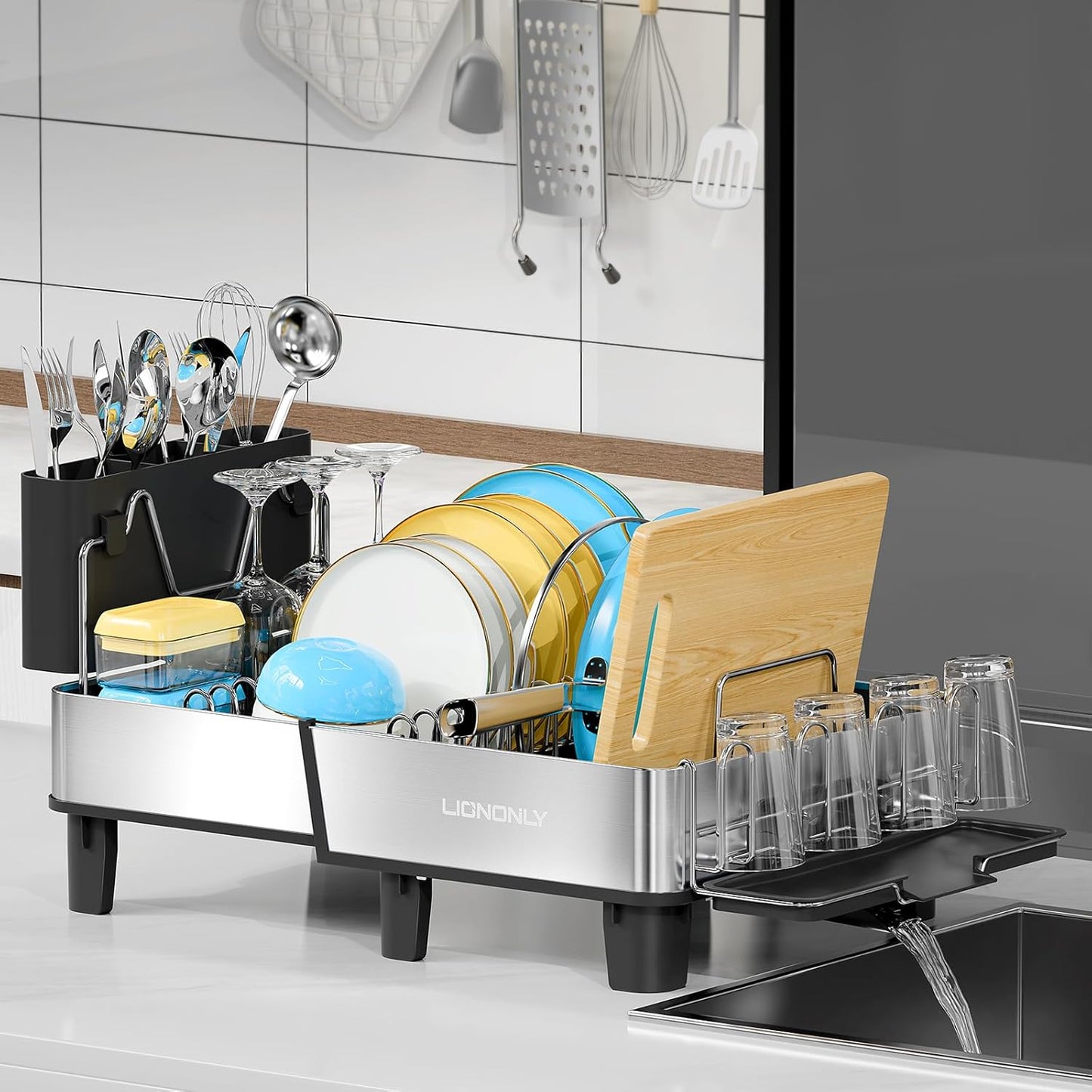 Dish Drying Rack, 304 Stainless Steel Exendable Dish Rack with Adjustable Drain Spout