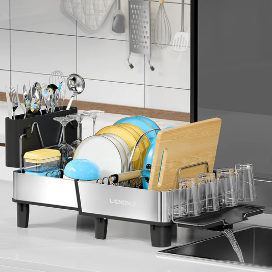 Dish Drying Rack, 304 Stainless Steel Exendable Dish Rack with Adjustable Drain Spout