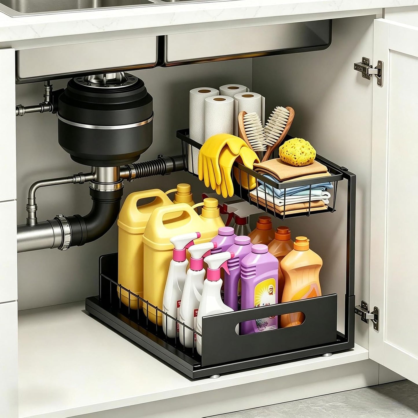 Under Sink Organizers and Storage 2 Tier Slide Out Kitchen Cabinet Organizer Sturdy Metal Bathroom Storage (Black, 1 Pack)