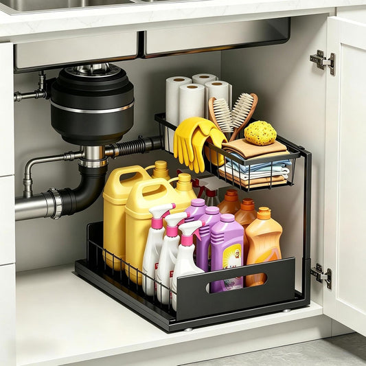 Under Sink Organizers and Storage 2 Tier Slide Out Kitchen Cabinet Organizer Sturdy Metal Bathroom Storage (Black, 1 Pack)