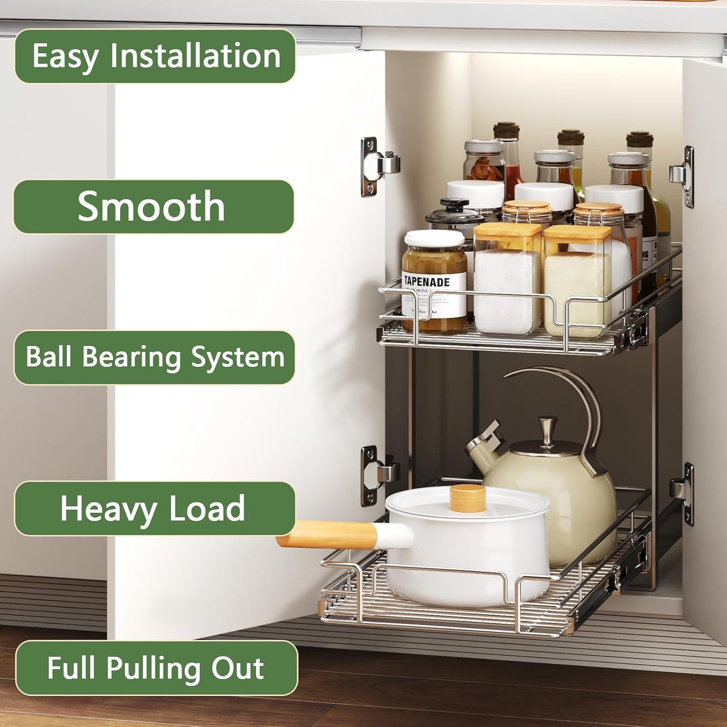2 Tier Individual Pull Out Cabinet Organizer 10½" W x 18" D, Heavy Duty Cabinet Pull Out Shelves
