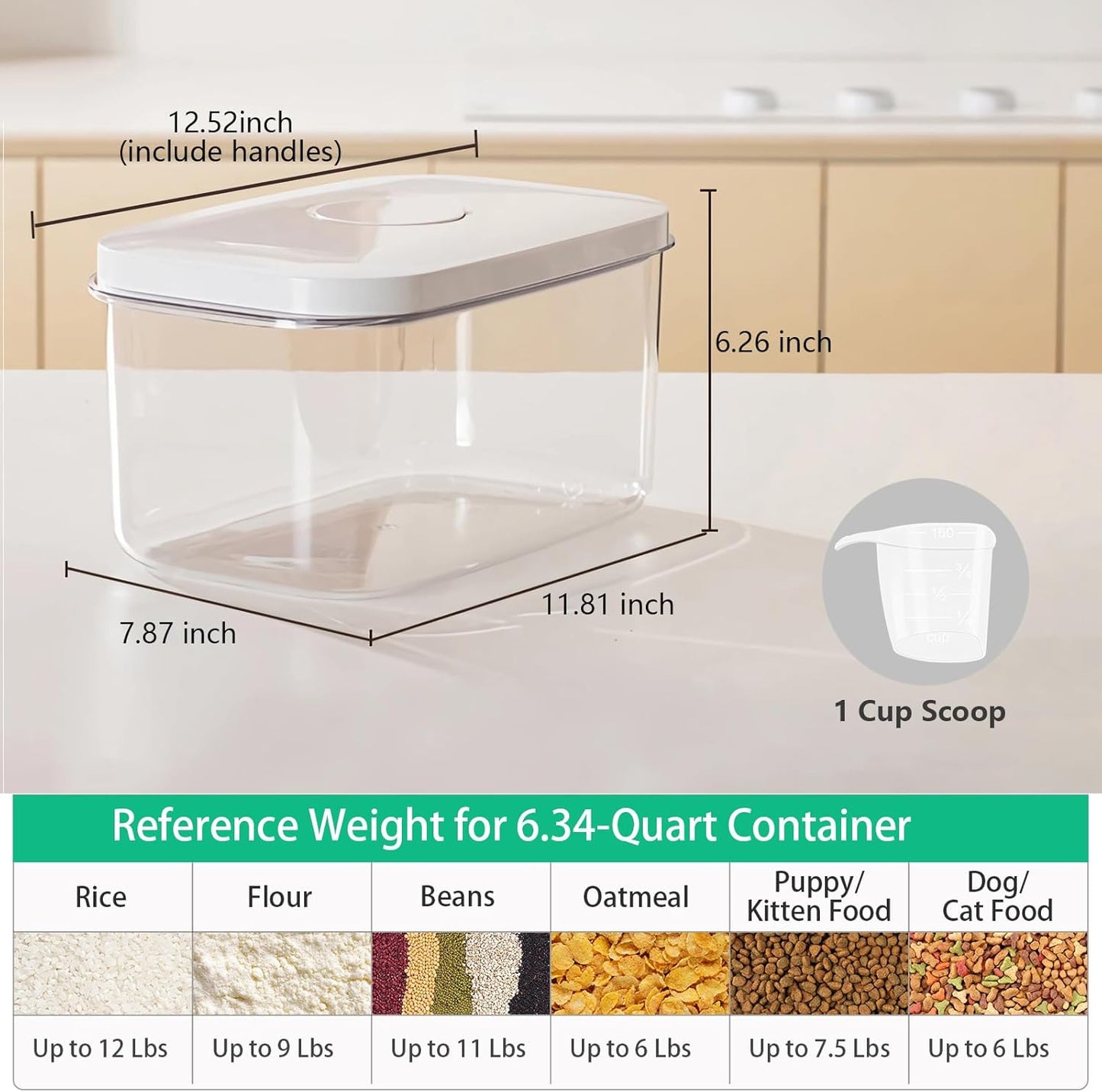 Airtight Flour Container 6.34 QT, Clear PET Plastic Food Storage Container Bin with Pop Up Lids For Rice Flour Sugar, Dry Food Holder for Kitchen Pantry Organization and Storage