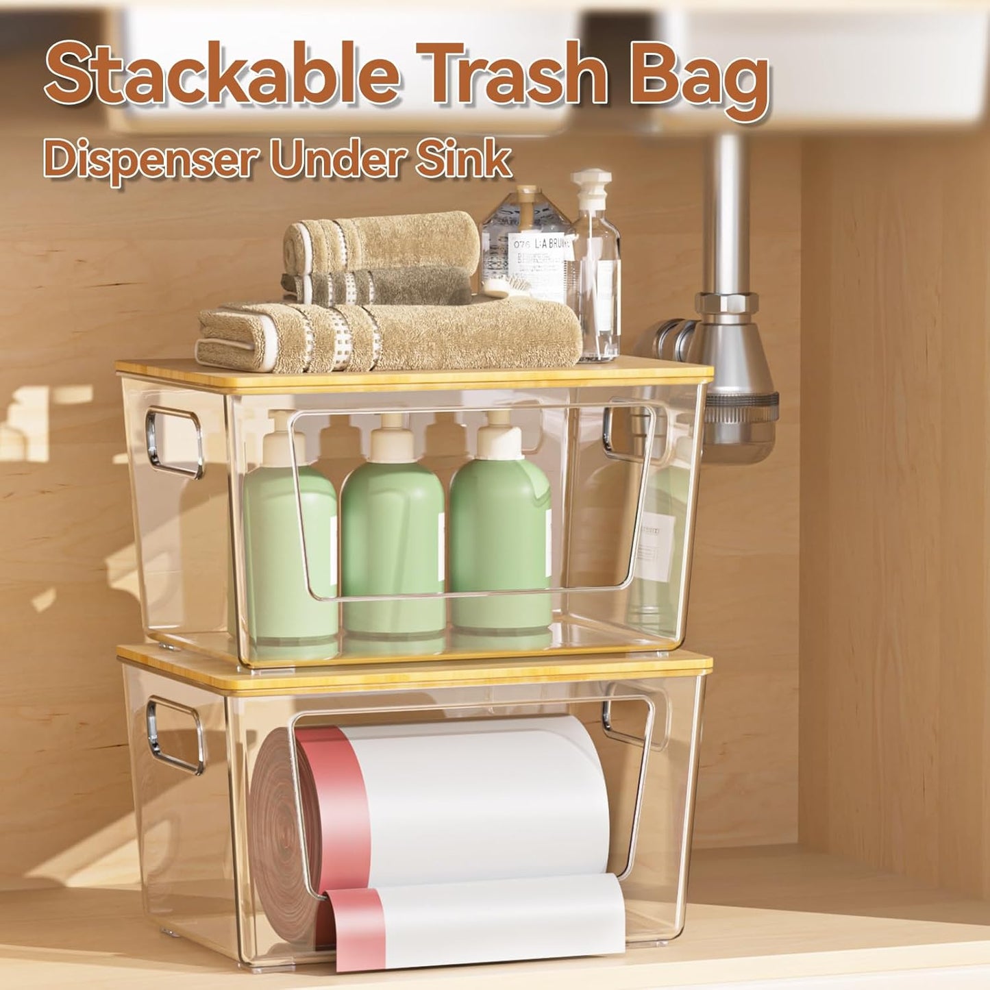 2 Pack Trash Bag Holder with Bamboo Lid, Stackable Trashbag Dispenser