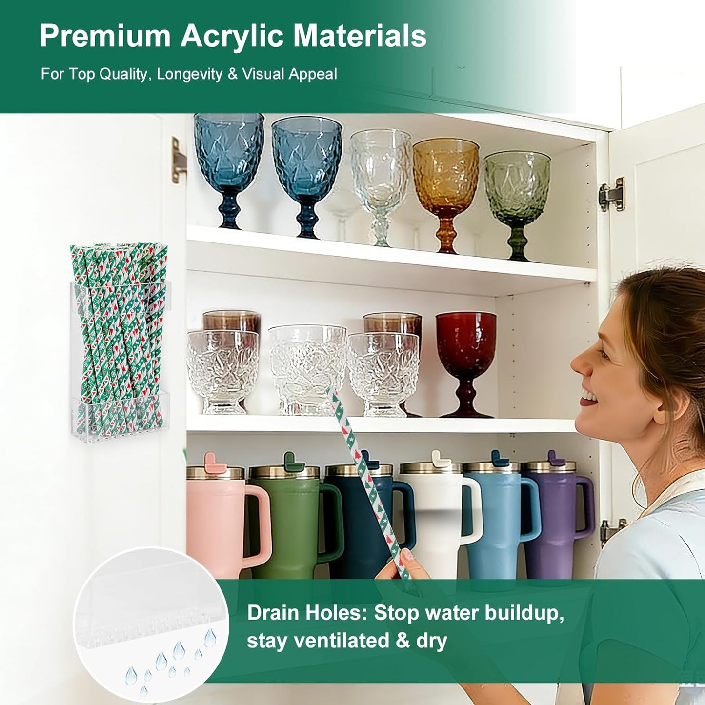2 PACK Small Acrylic Straw Holder for Cabinet Doors，Straw Organizer Storage with Most Sizes，Multi-Function Kitchen Accessories Container with Adhesive Round Pads(Transparent)