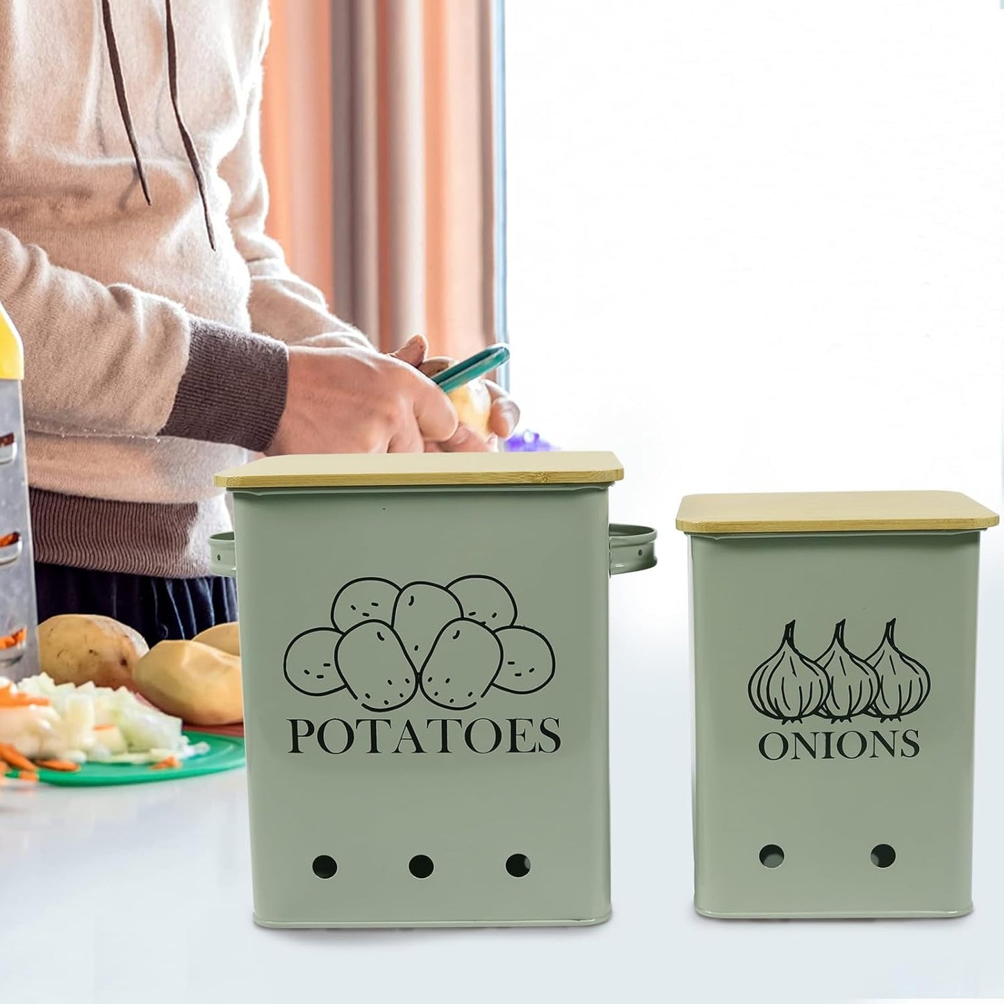 Kitchen Vegetable Storage Tins Set of 2 for Potatoes, Onion, with wooden lid Garlic Bin Caddy