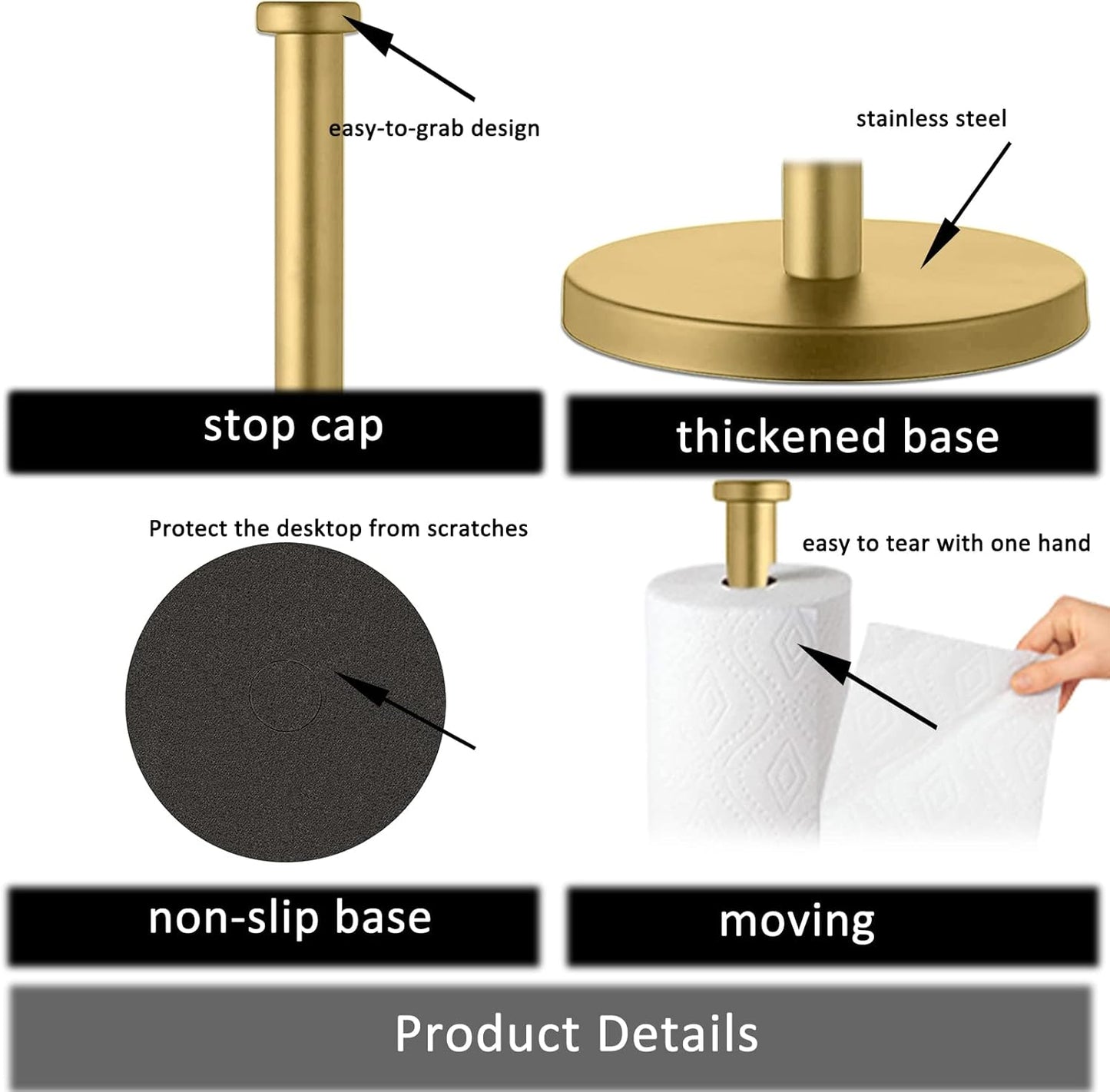 Stainless Steel Gold Paper Towel Holder Countertop for Kitchen Bathroom
