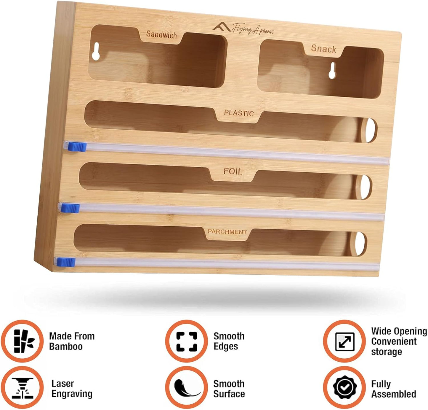 APSARAS USA 5 in 1 Bamboo Foil and Plastic Wrap Organizer for Kitchen Drawer