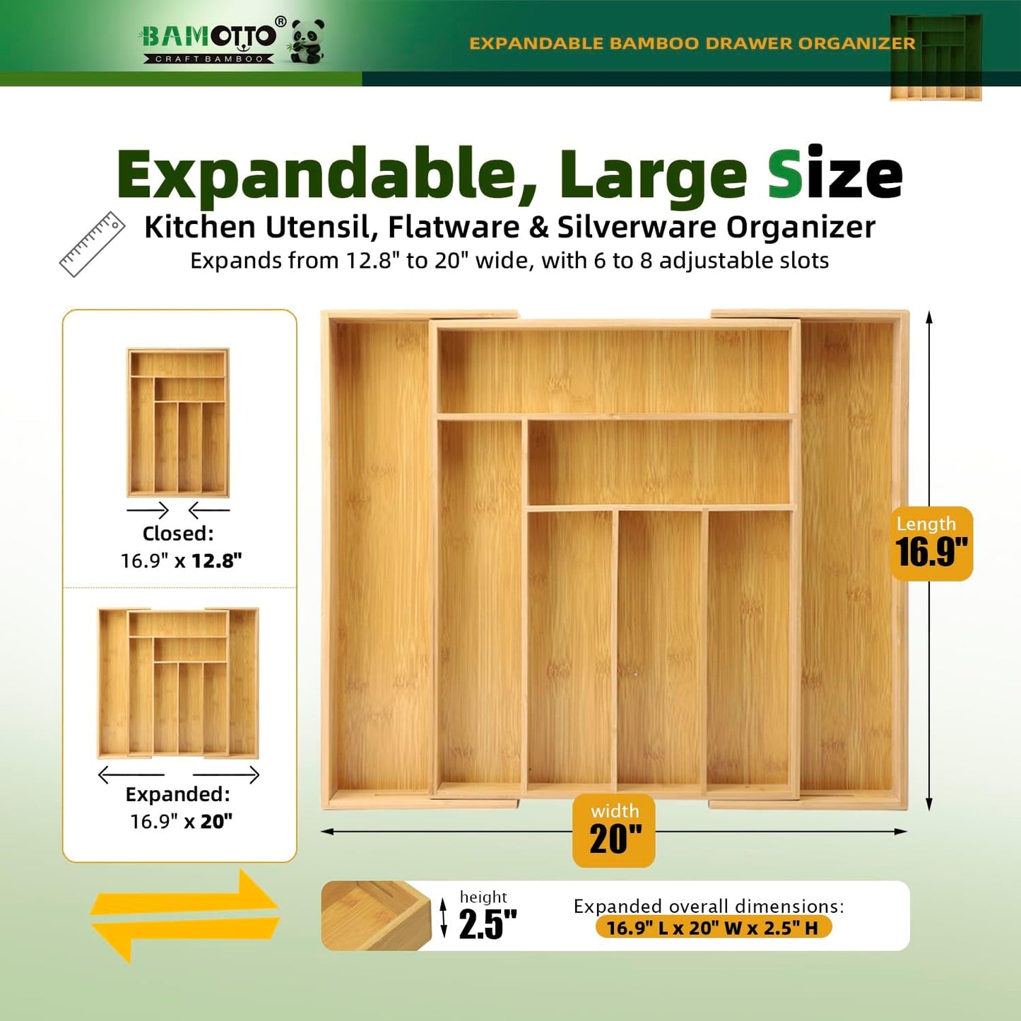 Expandable Bamboo Kitchen Drawer Organizer – Silverware Organizer