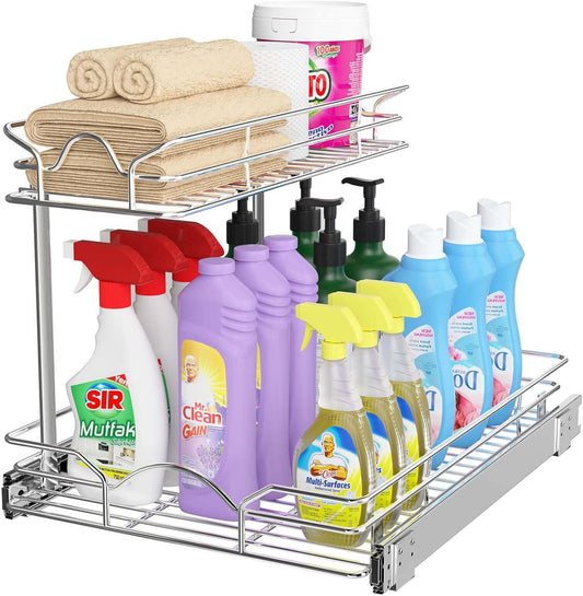 Under Sink Cabinet Organizer Two Tier Pull Out Shelf (14.75W x 21D)