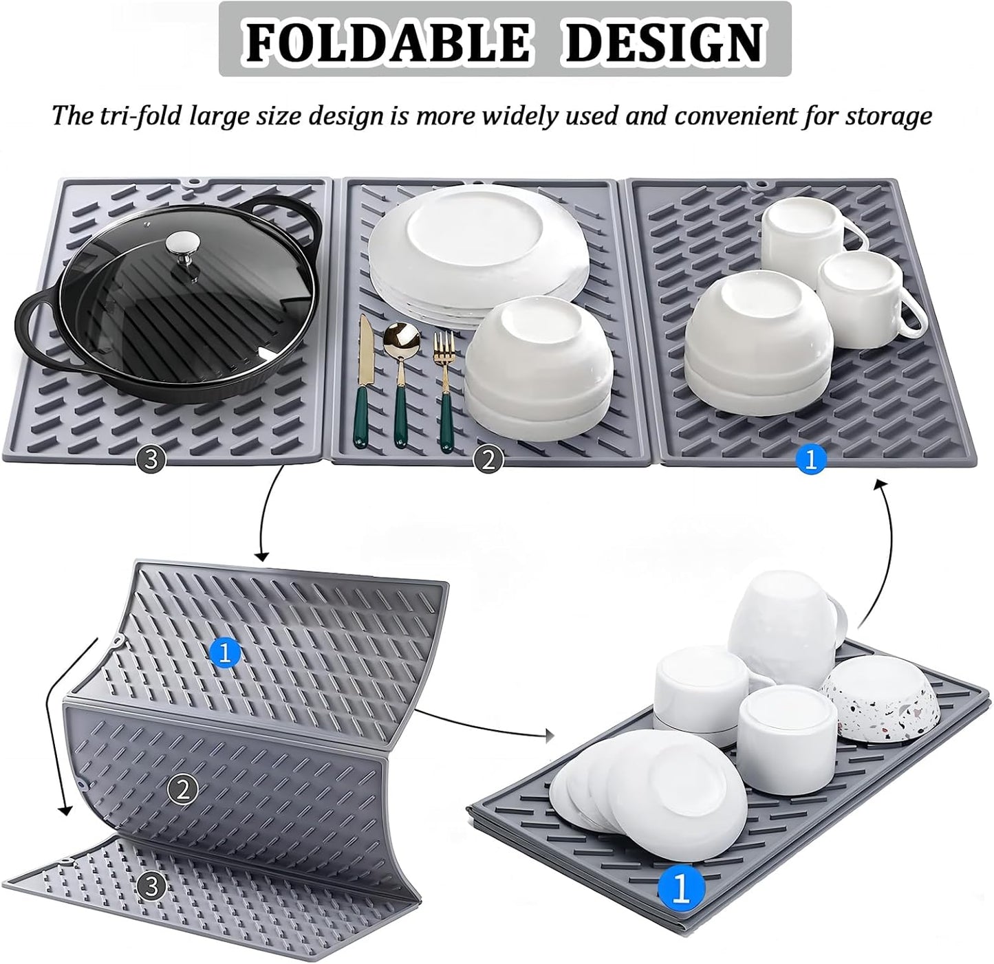 Silicone Dish Drying Mat for Kitchen Counter, Collapsible Trifold Large Dish Drainer Mat