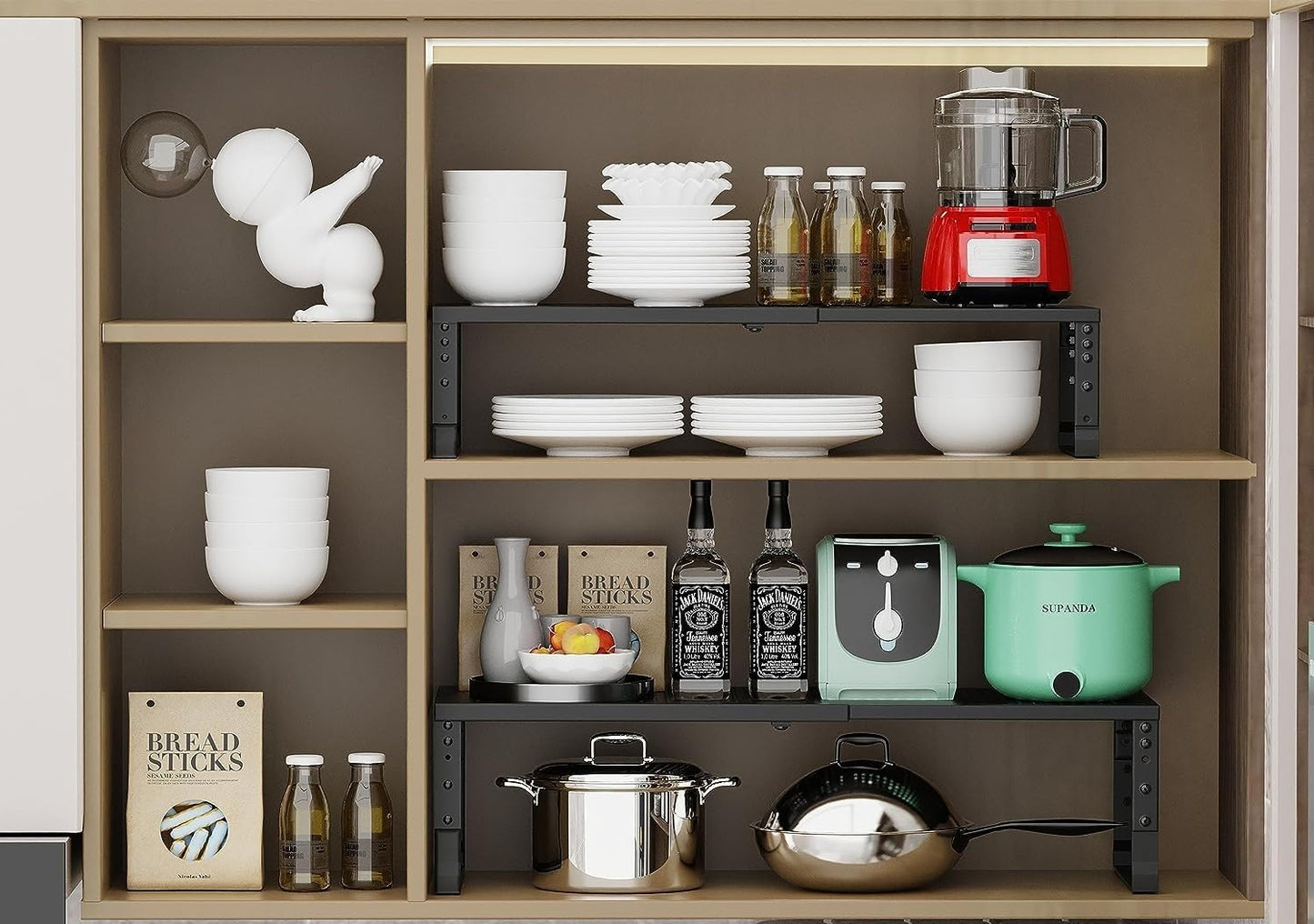 Expandable Cabinet Shelf Organizer Storage Spice Rack Shelves for Kitchen Stackable Adjustable Pantry Cupboard Bathroom Countertop Desktop(1Pack/Black/Large)