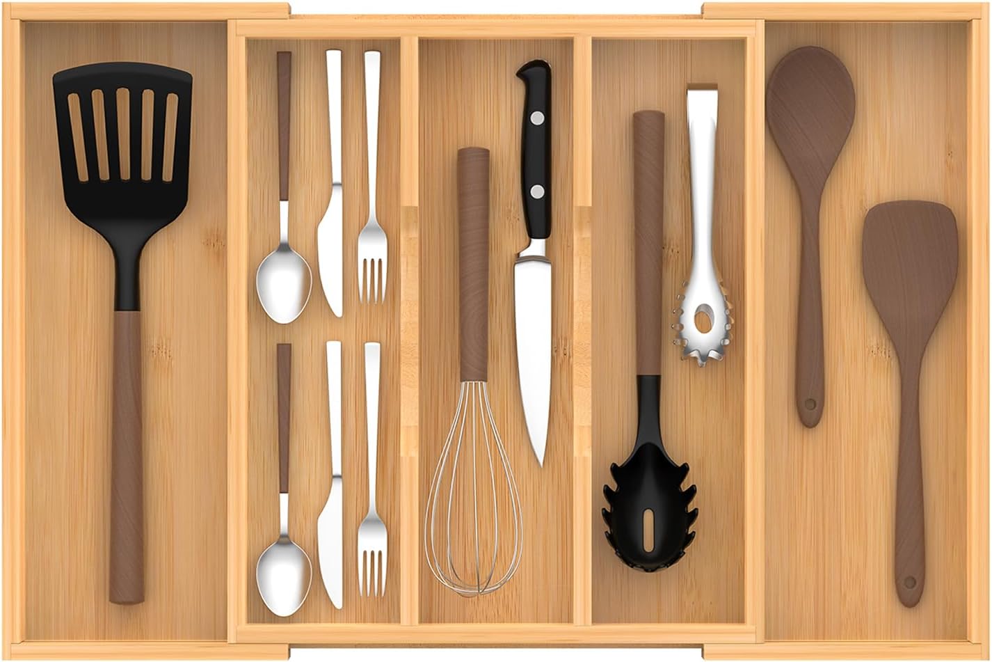 Bamboo Expandable Kitchen Drawer Organizer, 13" to 23" Adjustable Utensils and Cutlery Tray