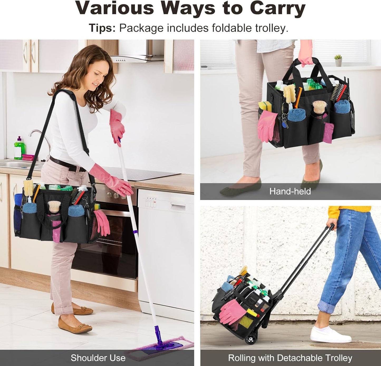 Rolling Cleaning Caddy Bag with Detachable Trolley