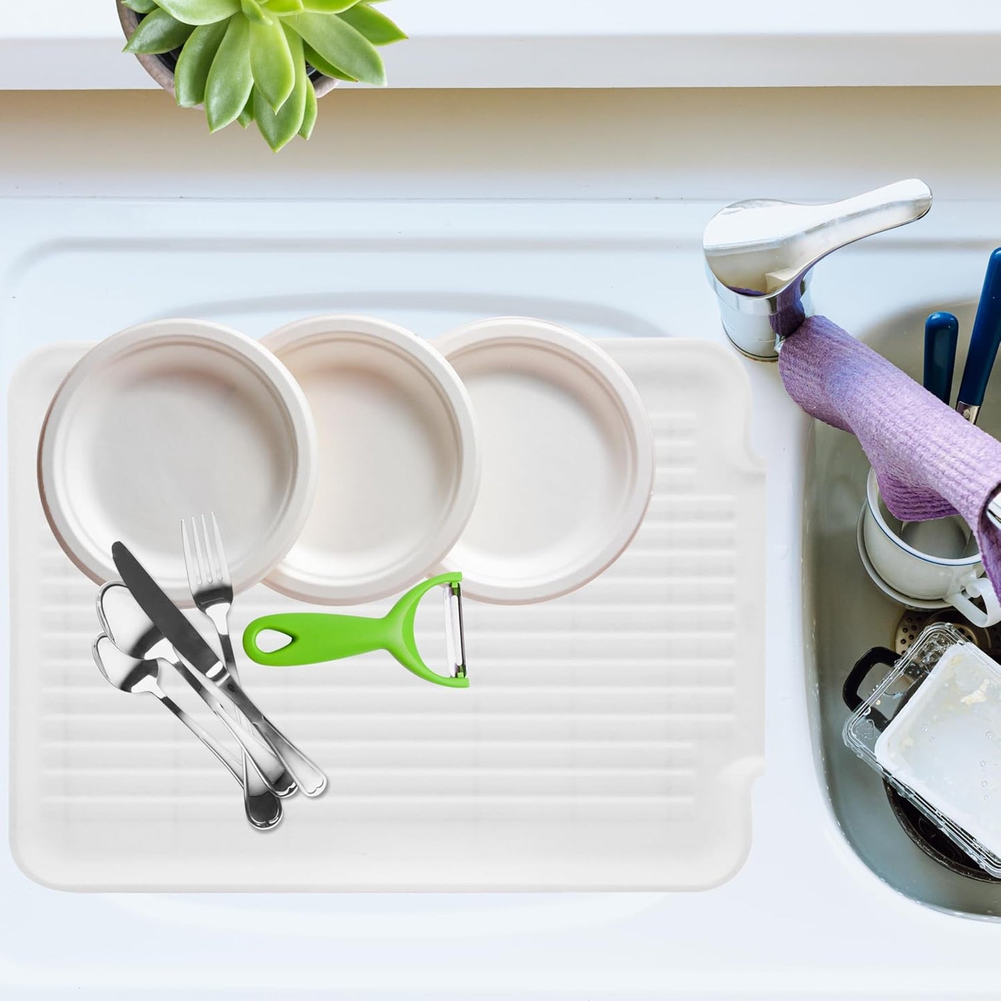 Dish Drain Board and Drying Rack Tray for Kitchen Counter, Plastic Drainboard with Raised Ridges