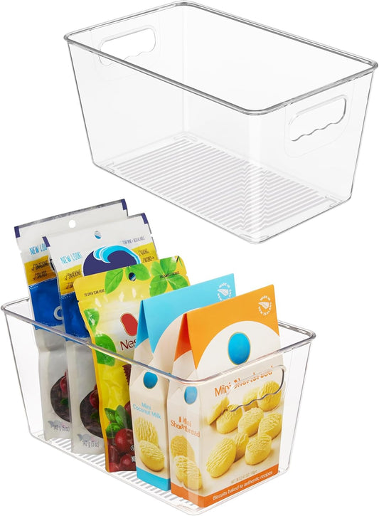 Clear Plastic Storage Bins, 2 PCS Pantry Organizer Bins with Handle for Refrigerator, Fridge