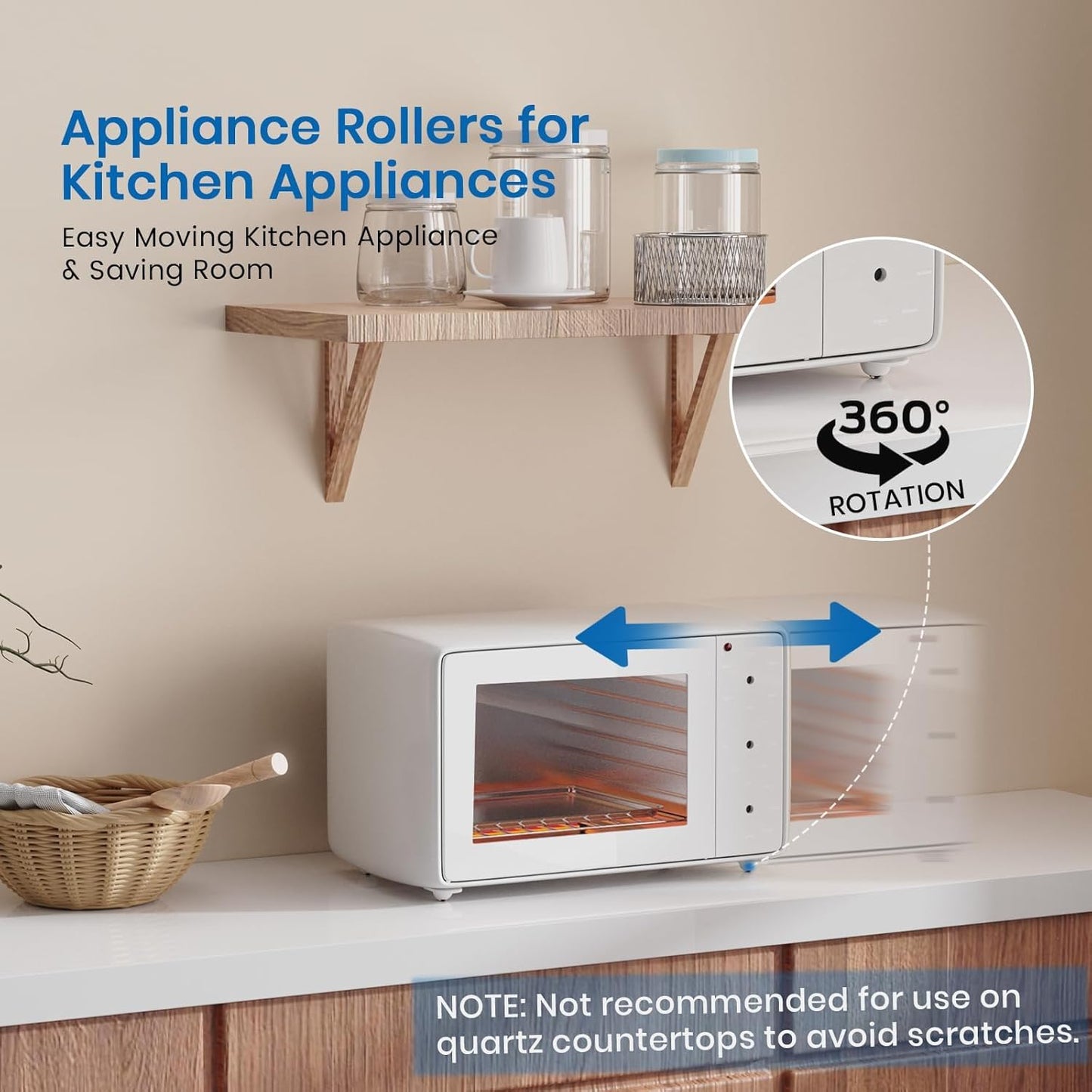 TRVL FIELDER Self Adhesive Caster Wheels, Appliance Rollers Appliance Slider for Kitchen, 360° Swivel Small Casters - Solve Coffee Maker Air Fryer Small Appliances Countertop Sliding (8, White-Swivel)