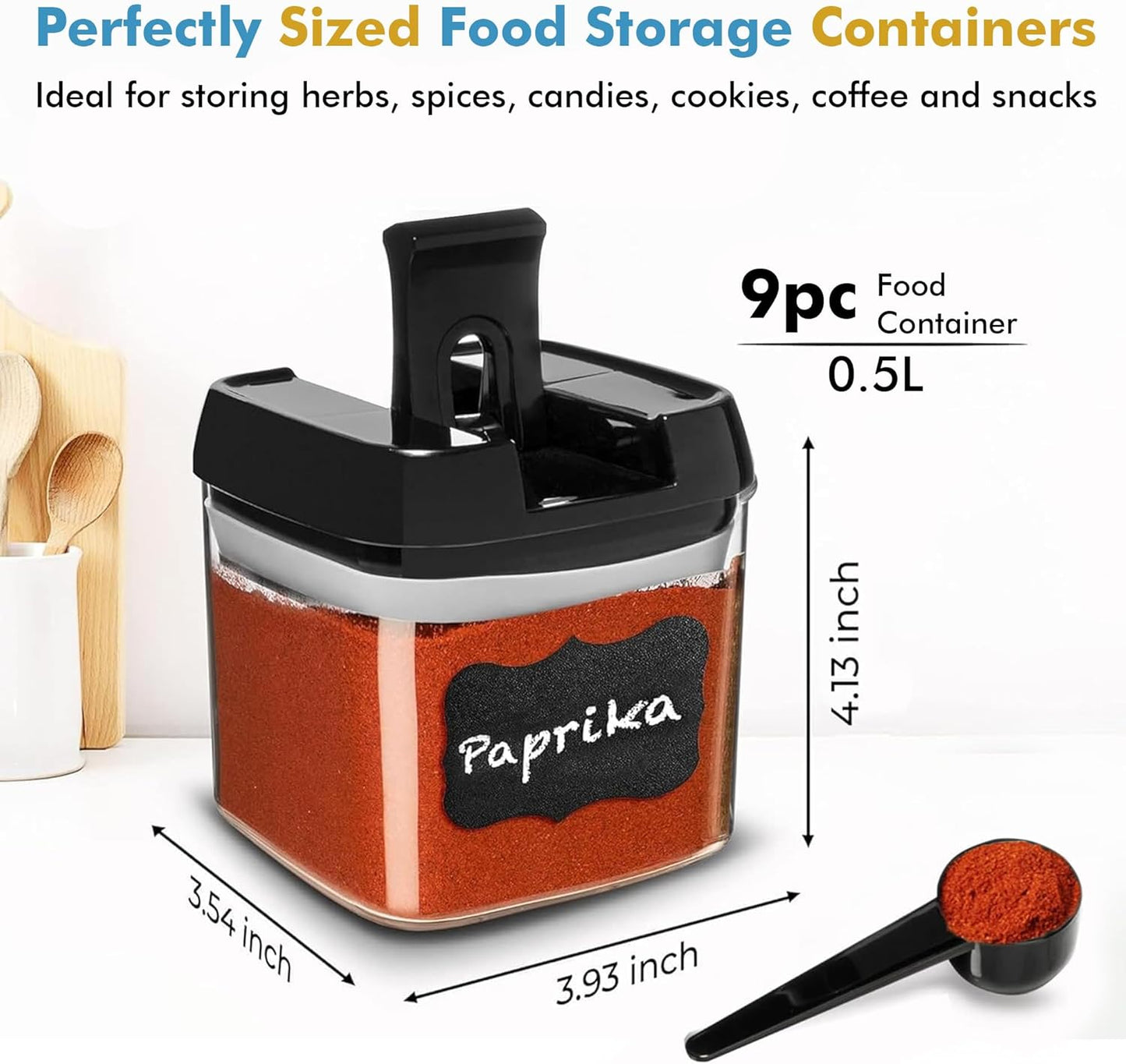 9 PC Airtight Food Storage Containers - BPA Free Clear Plastic Snack & Spice Containers with Easy Lock Lids - Kitchen and Pantry Organization for Herbs, Coffee, Tea - 0.5L / 2.1 Cups