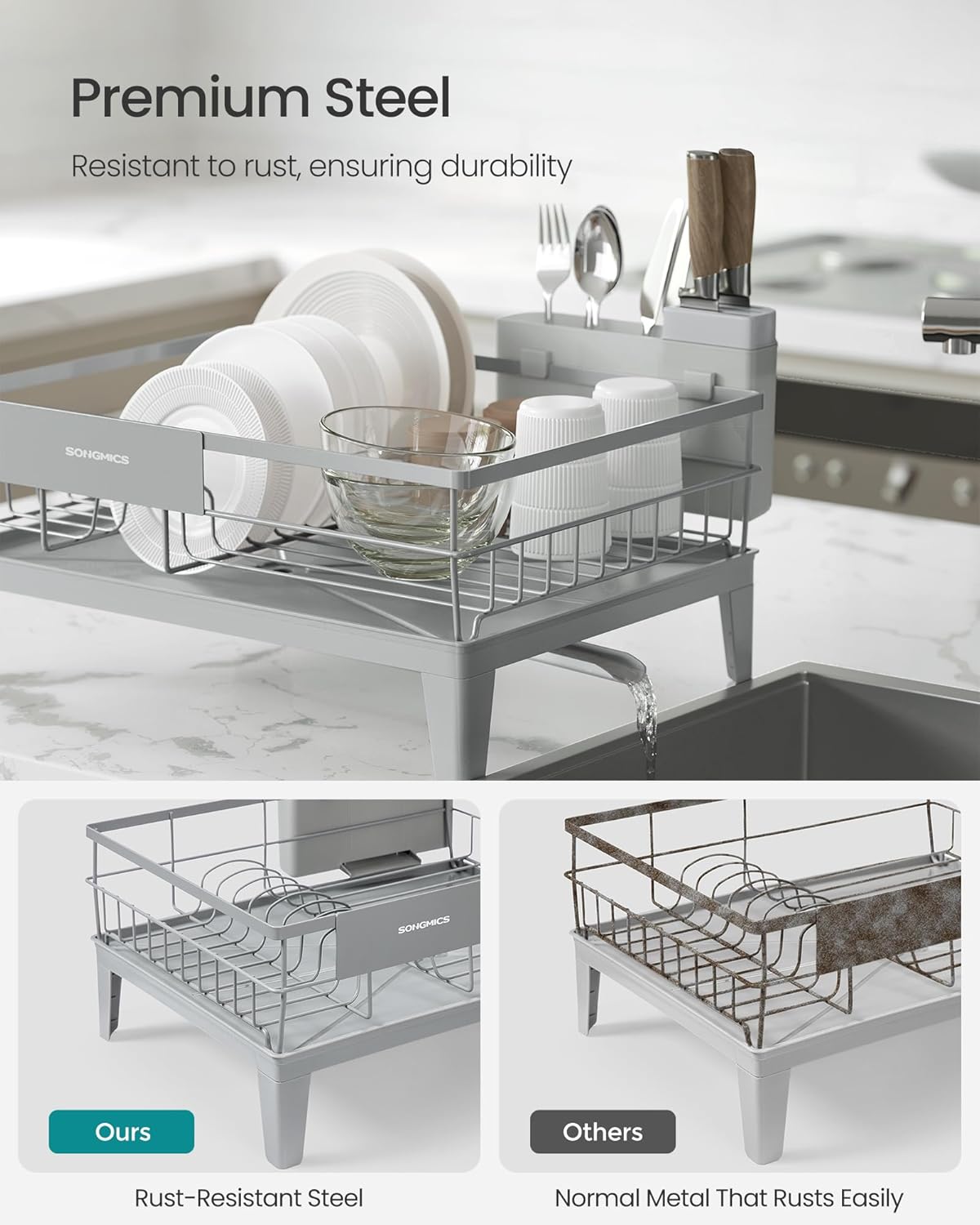 Dish Drying Rack, Kitchen Dish Rack with Drainboard, 360° Rotatable and Extendable Spout