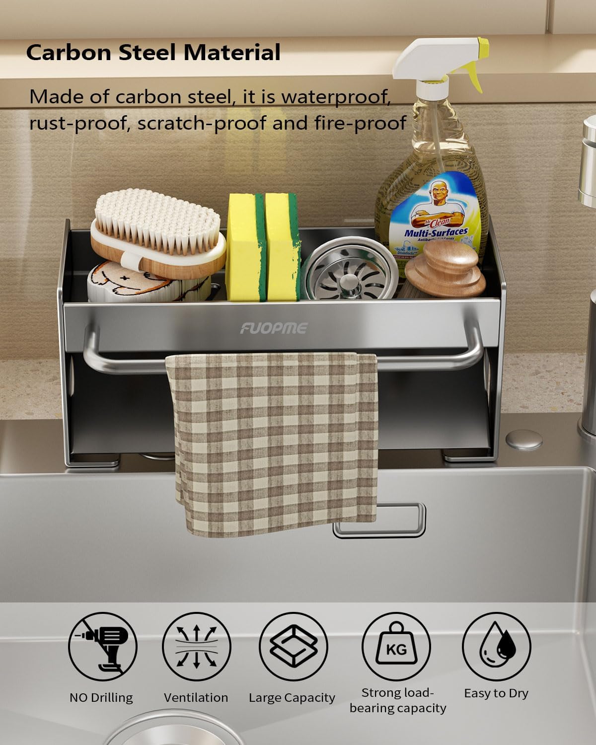 Kitchen Sink Organizer Sponge Holder:Sink Caddy with Dishrag Holder,Rustproof Carbon Steel with Auto-Drain,Dish Sponge & Soap Dispenser Towel Rack for Kitchen Countertop Storage, Grey