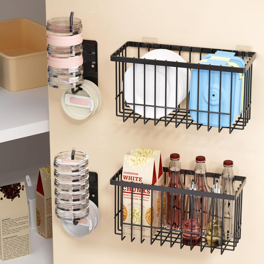 4 Pack Adhesive Cabinet Door Organizer - Tumbler Lid Organizer & Kitchen Storage baskets for Kitchen, Bathroom, Inside Cabinet Door Storage for Cup Lids, Spices, Small Supplies, Space-Saving (Black)