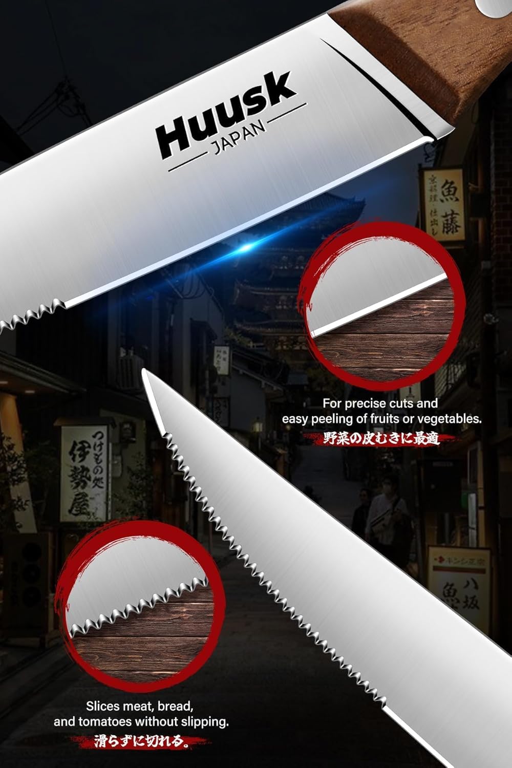 Steak Knives Set of 6 with Drawer Organizer-4.5 in Japanese Serrated Steak Knife Set with Block