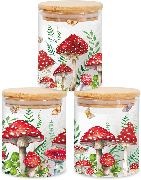 3Pcs Mushroom Forest Glass Storage Jars with Airtight Lid Fern Butterfly Decorative Sugar Canisters Sets for Cookie Spice Home Kitchen Organizers Countertop
