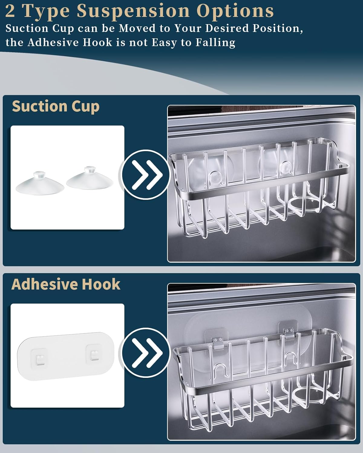 Sponge Holder Sink Caddy - Ladder Shaped Sponge Holder for Kitchen Sink with 2 Installation Ways (Suction Cups & Adhesive Hook), Rustproof Stainless Steel Kitchen Organizer, Silver