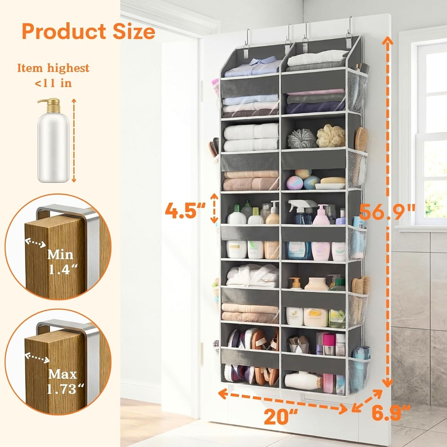 Over the Door Organizer 5 Tiers, Extra Large Behind Door Storage of 10 Compartments
