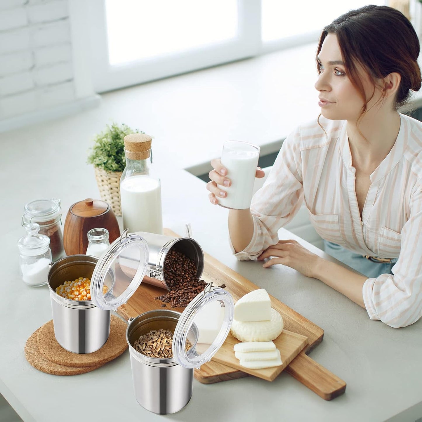 6 Pcs Stainless Steel Kitchen Canister 62 fl oz with Airtight Clear Clamp Lid