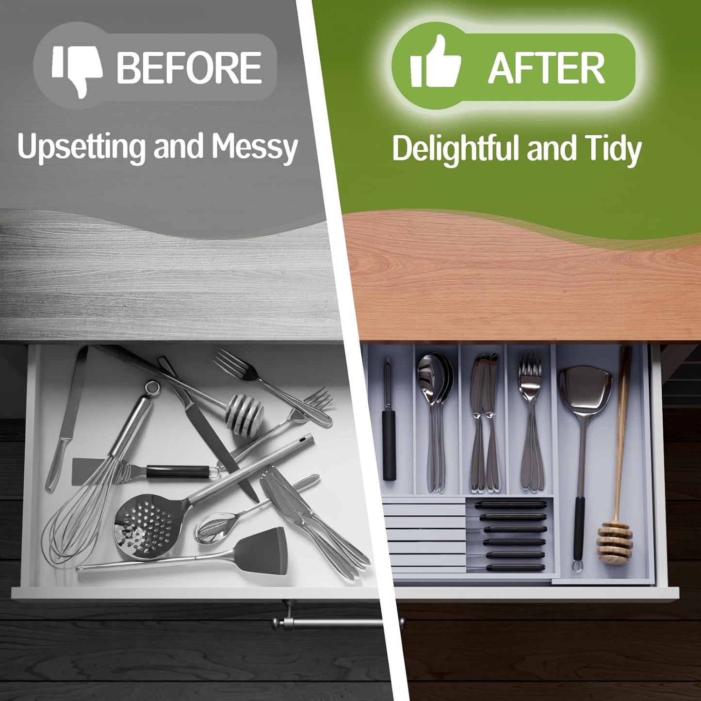 Bamboo Kitchen Silverware Drawer Organizer - Expandable Wood Utensil Holder with Dividers