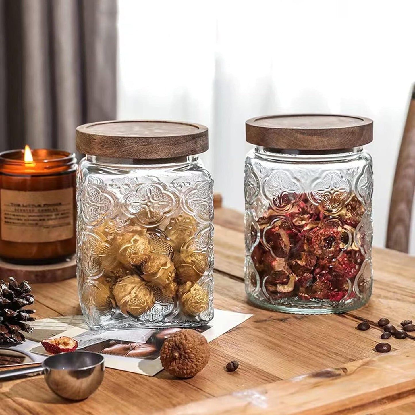 Vintage Glass Airtight Storage Jar Set of 2, With Airtight Wood Lid
