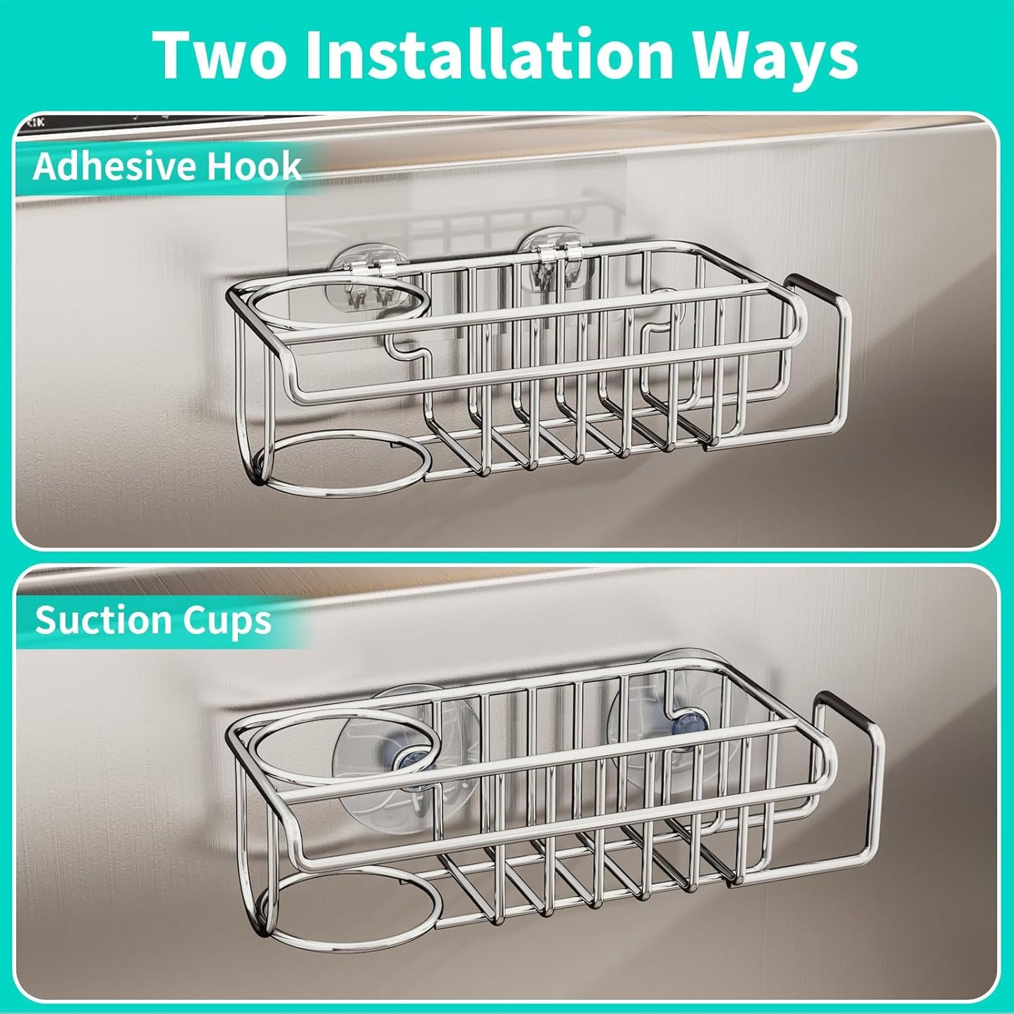 4 in 1 Sink Caddy Sponge Holder, SUS304 Stainless Steel Kitchen Brush Holder + Dish Cloth Hanger + Soap Rack + Sink Stopper Rack + Sponge Caddy for Kitchen - Silver