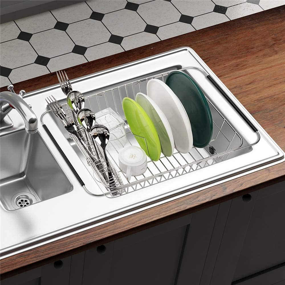 Expandable Dish Drying Rack,Large Dish Drainer Drainwith 4 Division Utensil Silverware Cutlery Holder, Expandable Dish Rack Shelf Dish Rack in Sink or Over Sink On Counter Stainless Steel