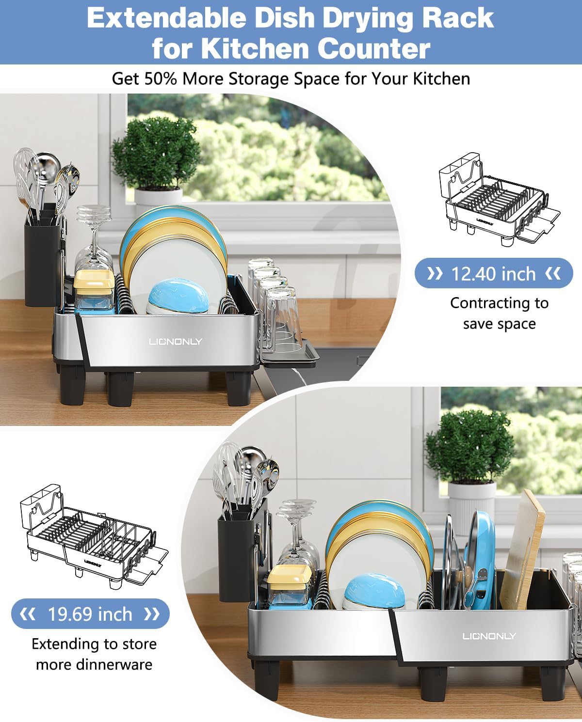 Dish Drying Rack, 304 Stainless Steel Exendable Dish Rack with Adjustable Drain Spout