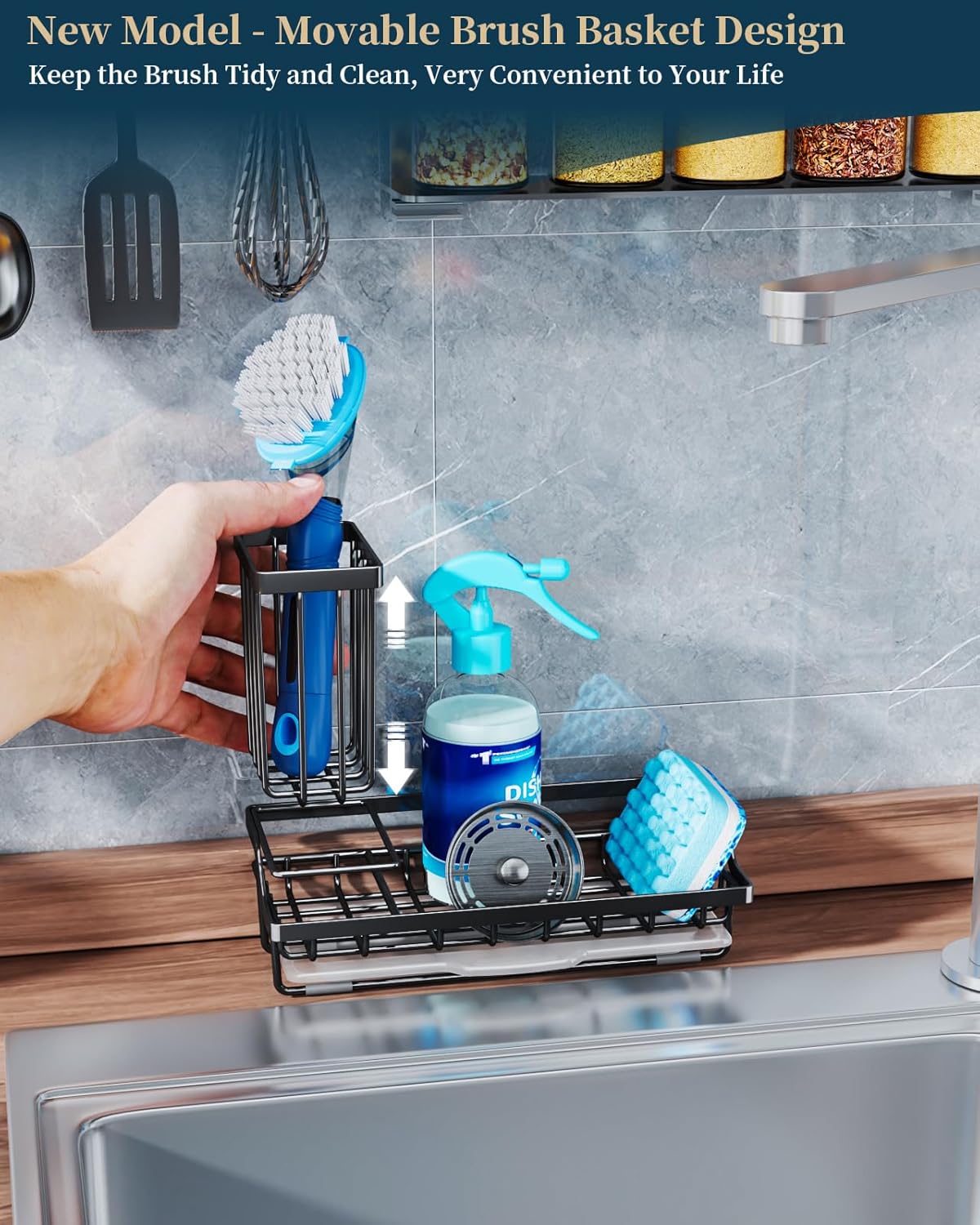 Sponge Holder for Kitchen Sink - Kitchen Sink Caddy Organizer with Removable Drip Tray for Countertop Dish Soap Dispenser Brush Storage Accessories 304 Stainless Steel - Black