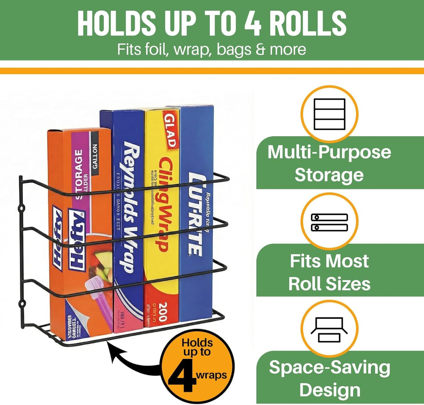 Kitchen Wrap Organizer - 2 Pack - Hold up to 4 Plastic, Foil, Paper, Wax - Cabinet Door