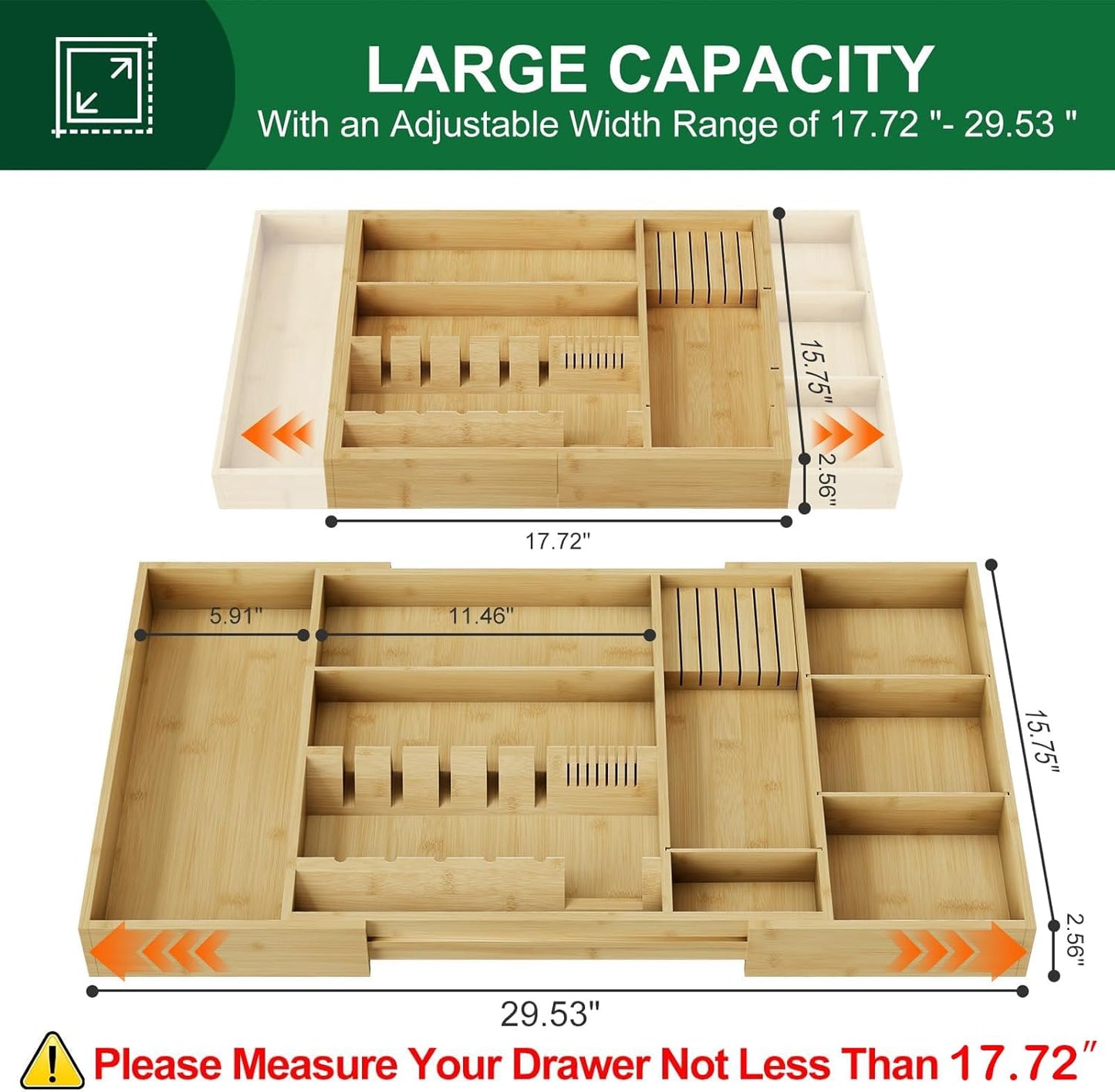Bamboo Silverware Drawer Organizer, 17.7-29.5 Inch Expandable Large Kitchen Drawer Organizer